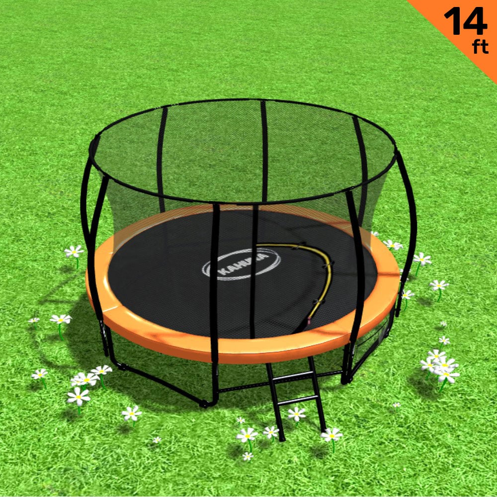 V240-TRA-KAH-14-OR-76762-00 Kahuna 14ft Trampoline Free Ladder Spring Mat Net Safety Pad Cover Round Enclosure - Orange - Image 1