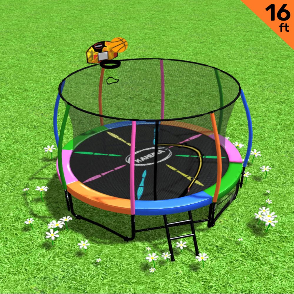 V240-TRA-KAH-16-RB-BB-76744-00 Kahuna 16ft Outdoor Trampoline Kids Children With Safety Enclosure Pad Mat Ladder Basketball Hoop Set - Rainbow - Image 1