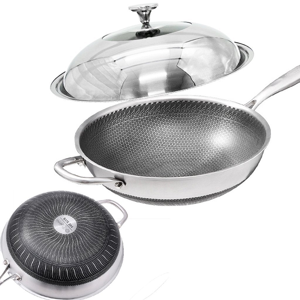 V255-304_WOK_32_LID-52269-00 32cm 304 Stainless Steel Non-Stick Stir Fry Cooking Kitchen Honeycomb Wok Pan with Lid - Image 1