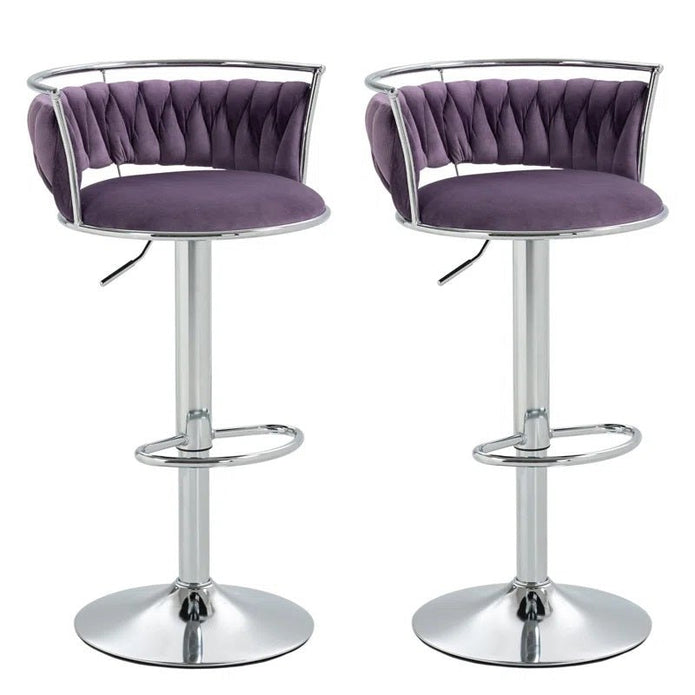 V255-GP2311R-VOILET-202505231412-00 SERENITà Silver Swivel Upholstered Velvet Adjustable Height Counter Stool with Metal Frame Voilet (Set of 2) - Image 1