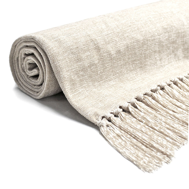 V262-CI-STK-570CTOW-s-l1600-2-00 Acrylic Chenille Tassel Knitted Blanket Bed Sofa Throw Rug 150 x 200 cm (White) - Image 1