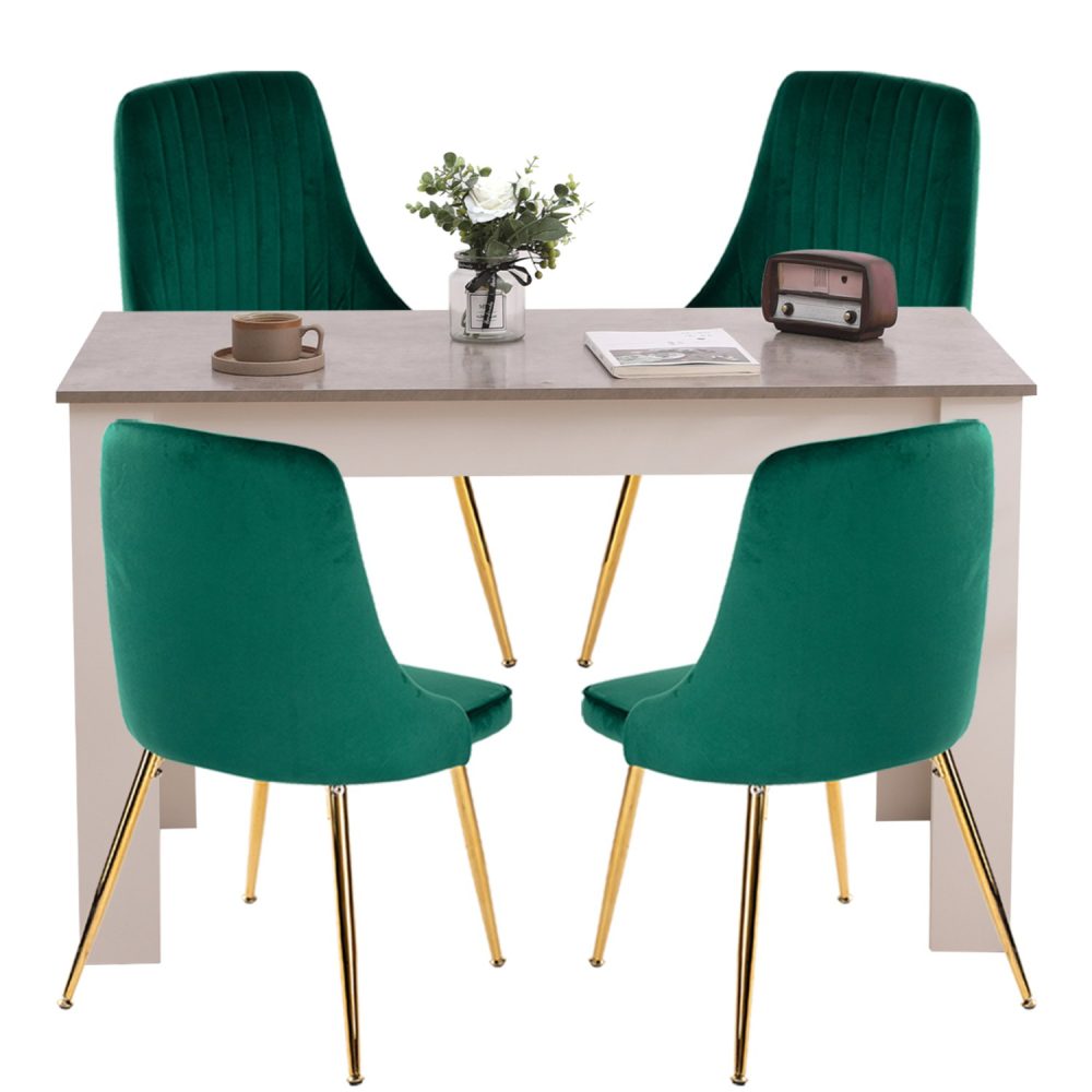 V264-DNT-409C-LGR-DNC-414V-GRN-4-65104-00 Grey Rectangular Dining Table with 4x Green Velvet Chairs - Image 1
