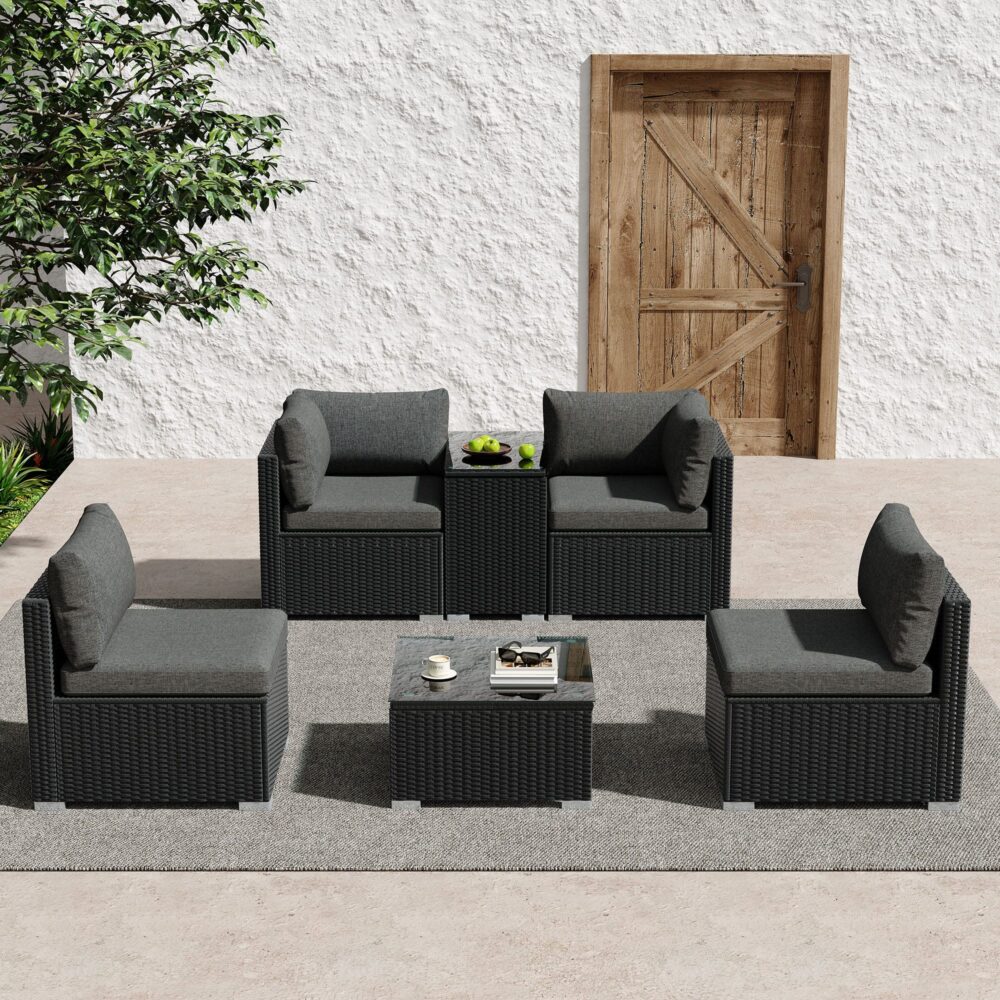 V264-OTF-530S-BLK-OTF-507-BLK-202504221106-00 Modular Outdoor Wicker Lounge Set - Image 1