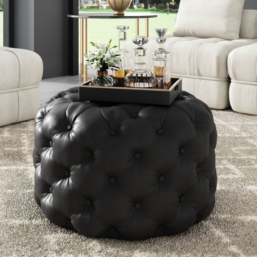 V264-OTM-802L-BLK-115111-00 Contemporary Black Leather-look Ottoman with Button - Image 1