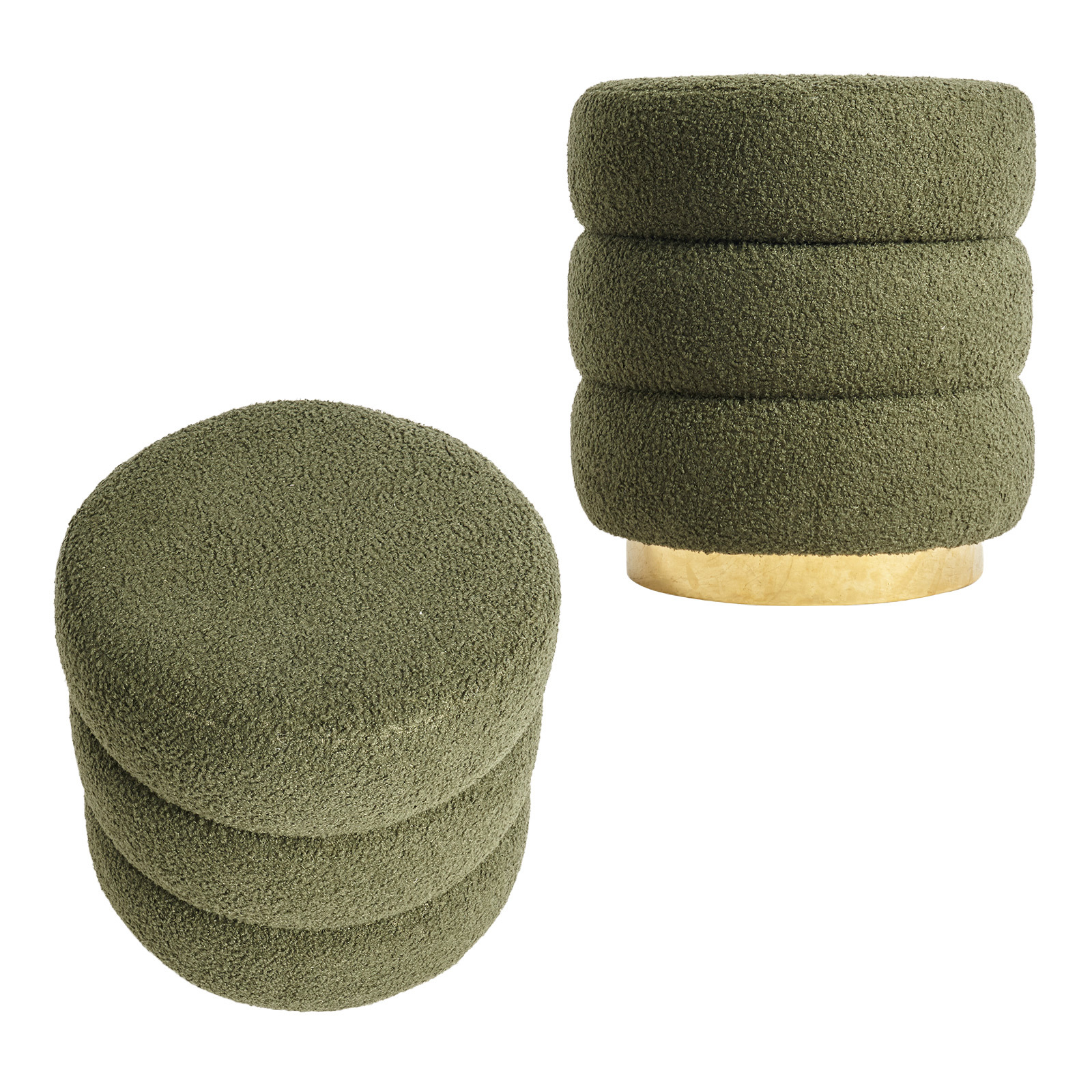 V274-FT-STP067-DGN2-218509-00 2X Round Stacked Ottoman Stool Teddy Fleece Fabric Foot Rest 38cm GREEN - Image 1