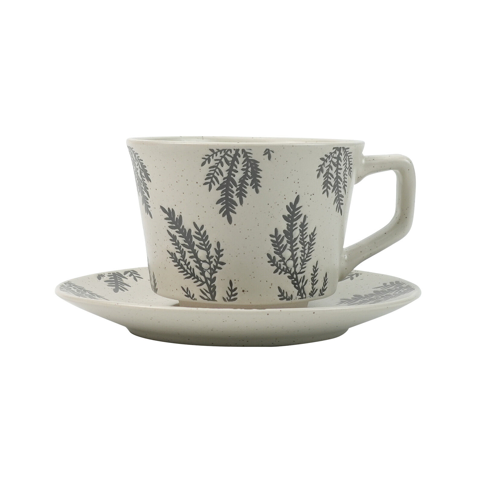 V274-HA-LA-P0024817-BK-222382-00 High-Fired Ceramic Stoneware Speckle Cup & Saucer Set 380ml Floral Tea Spoon EARTHY GREY - Image 1