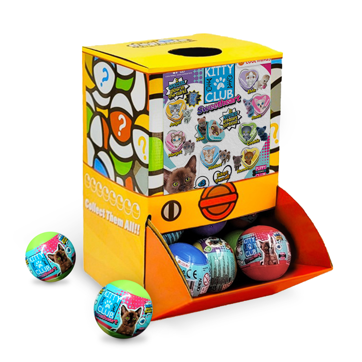 V274-TOY-KN-IGT-PC028-50-208858-00 40X Kitty Club Sweet Heart Cat Toy Capsules 50mm Collectible Gacha w Display Box - Image 1