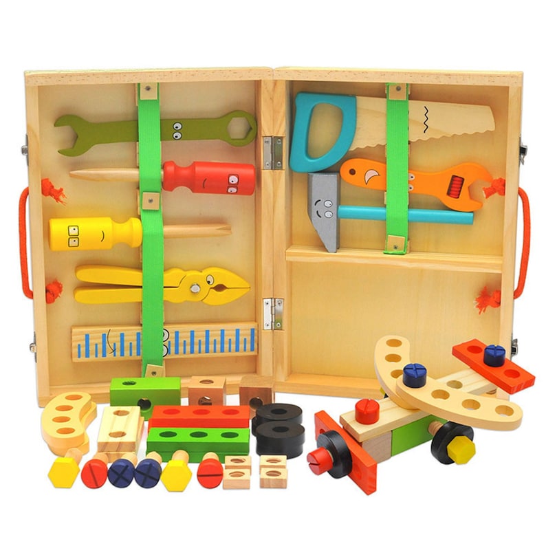 V277-HELONYOUSITOOLBOX-53421-00 Children's pretend play build fix wood Toolbox Toy, Carpenter Traddie Set For toddlers and kids - Image 1
