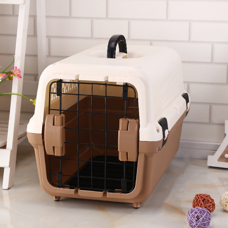 V278-BP274-CARRIER-M-BRWON-65559-00 YES4PETS Medium Portable Plastic Dog Cat Pet Pets Carrier Travel Cage With Tray-Brown - Image 1