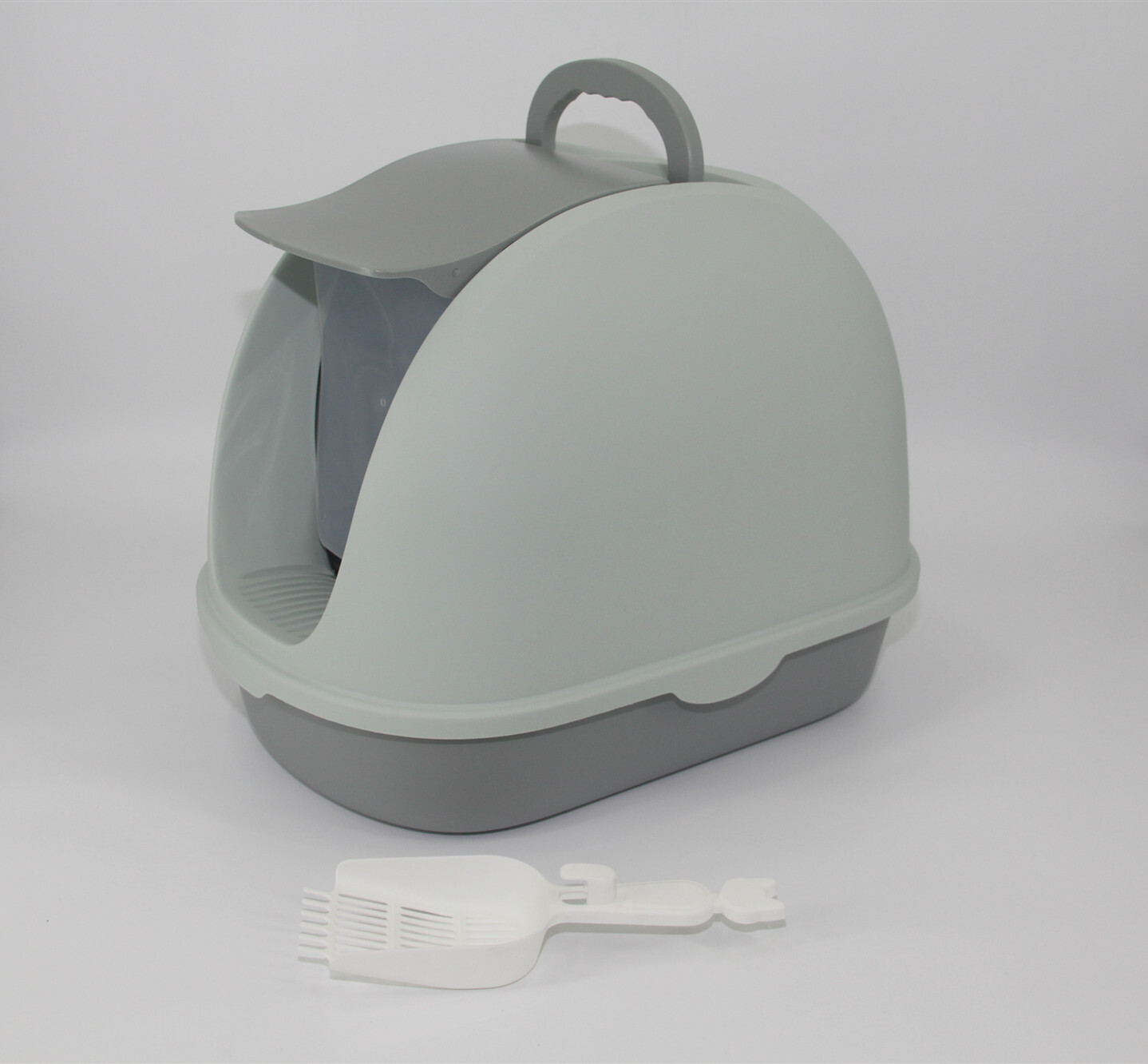 V278-MSP-0007-GREY-W-ZW-0001-67621-00 YES4PETS Portable Hooded Cat Toilet Litter Box Tray House with Scoop and Grid Tray Grey - Image 1