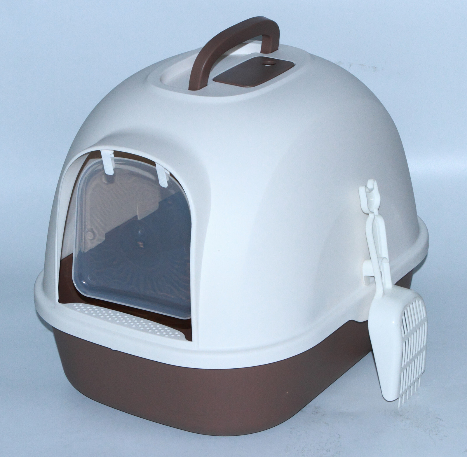 V278-MSP-0009-BROWN-66347-00 YES4PETS Portable Hooded Cat Toilet Litter Box Tray House with Handle and Scoop Brown - Image 1