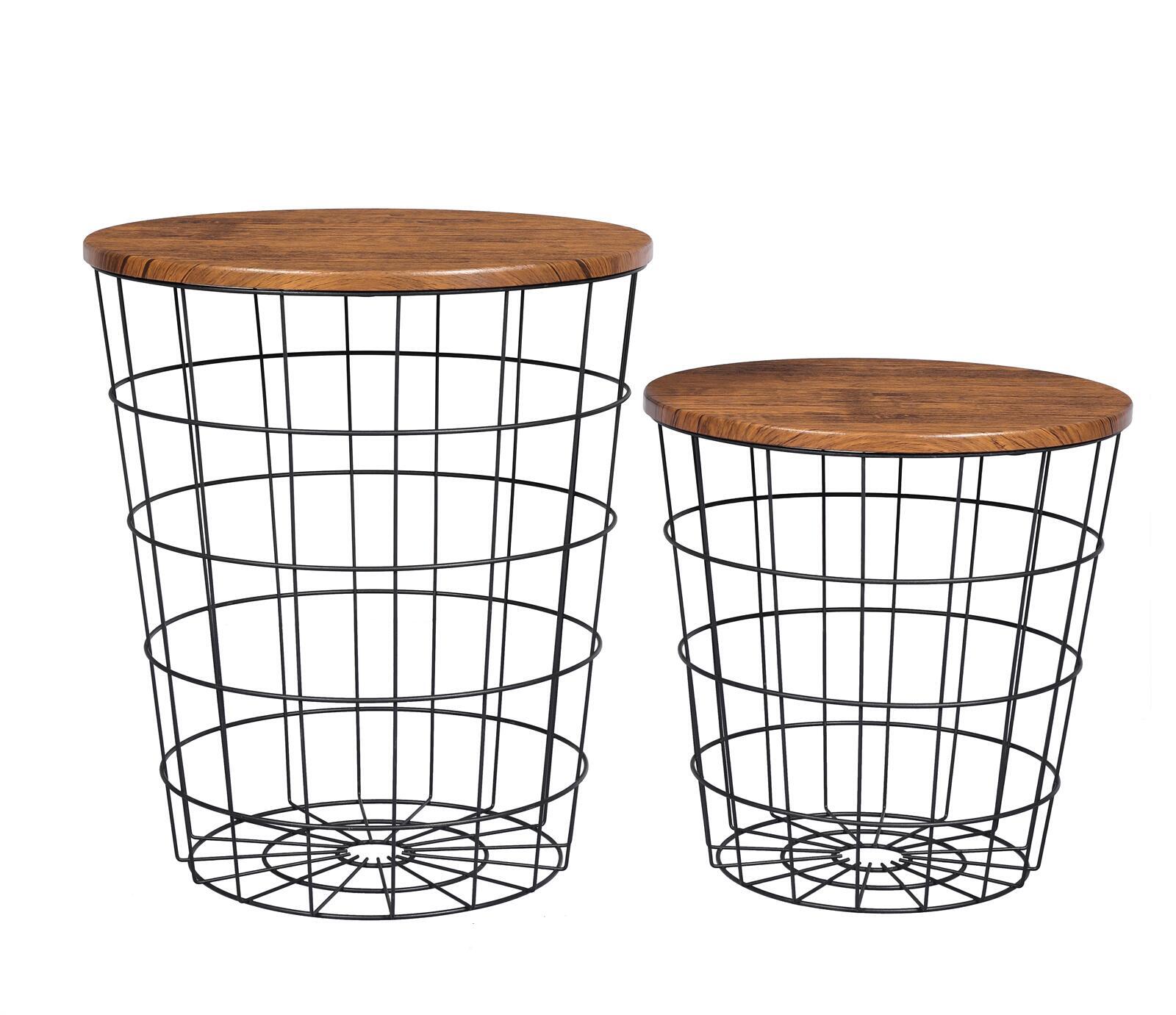 V278-R-COFFEE-TABLE-SET-2-70304-00 YES4HOMES Vintage Round Coffee Tables Set of 2 Side Tables Robust Steel Frame for Living Room Bedroom Rustic Brown and Black - Image 1