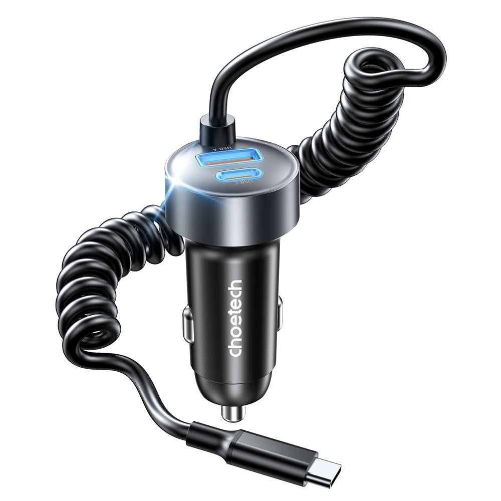 V28-ELECHOTC0030-208598-00 CHOETECH TC0030 65W 3-Port Fast Car Charger with 3.3ft Type-C Stretchable Cable - Image 1