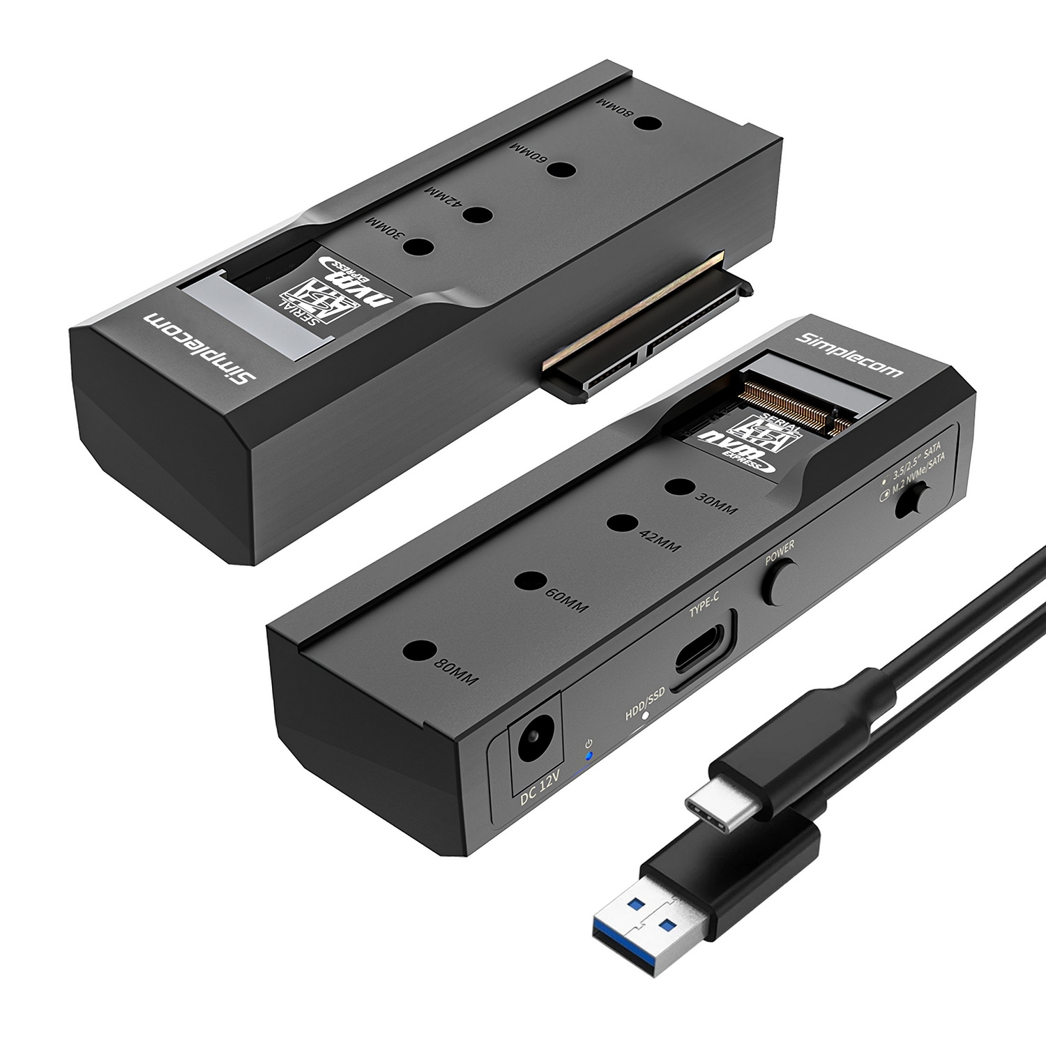 V28-SA536-69539-00 Simplecom SA536 USB to M.2 and SATA 2-IN-1 Adapter for 2.5"/3.5" HDD & NVMe/SATA M.2 SSD with Power Supply USB 3.2 Gen2 10Gbps - Image 1