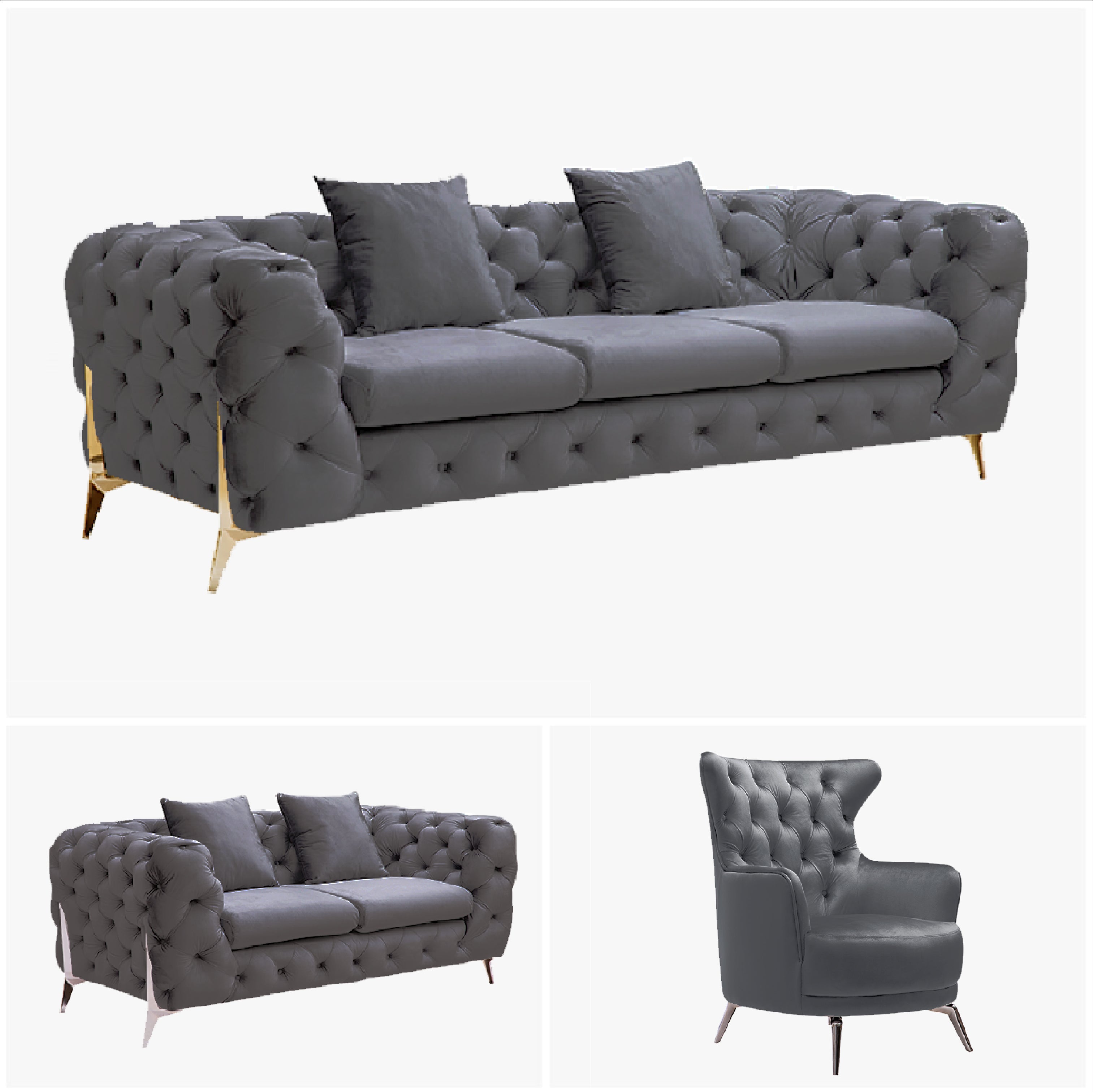 V292-L-GR-DG-3-2-1-S-95352-02 Grand Tufted Lounge - Dark Grey Velvet - Silver Legs - Image 1