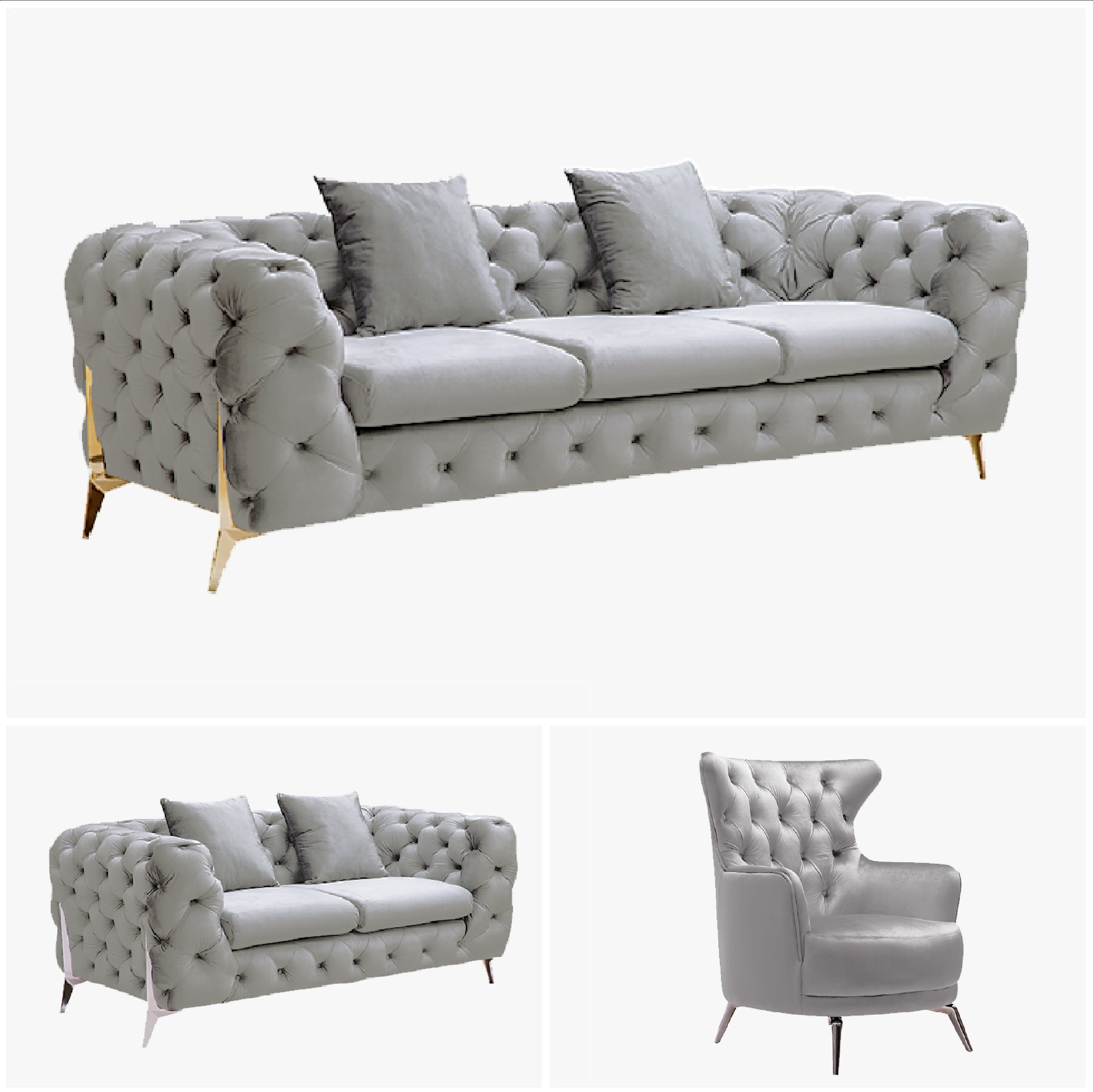 V292-L-GR-LG-3-2-1-S-95354-03 Grand Tufted Lounge - Light Grey Velvet - Silver Legs - Image 1