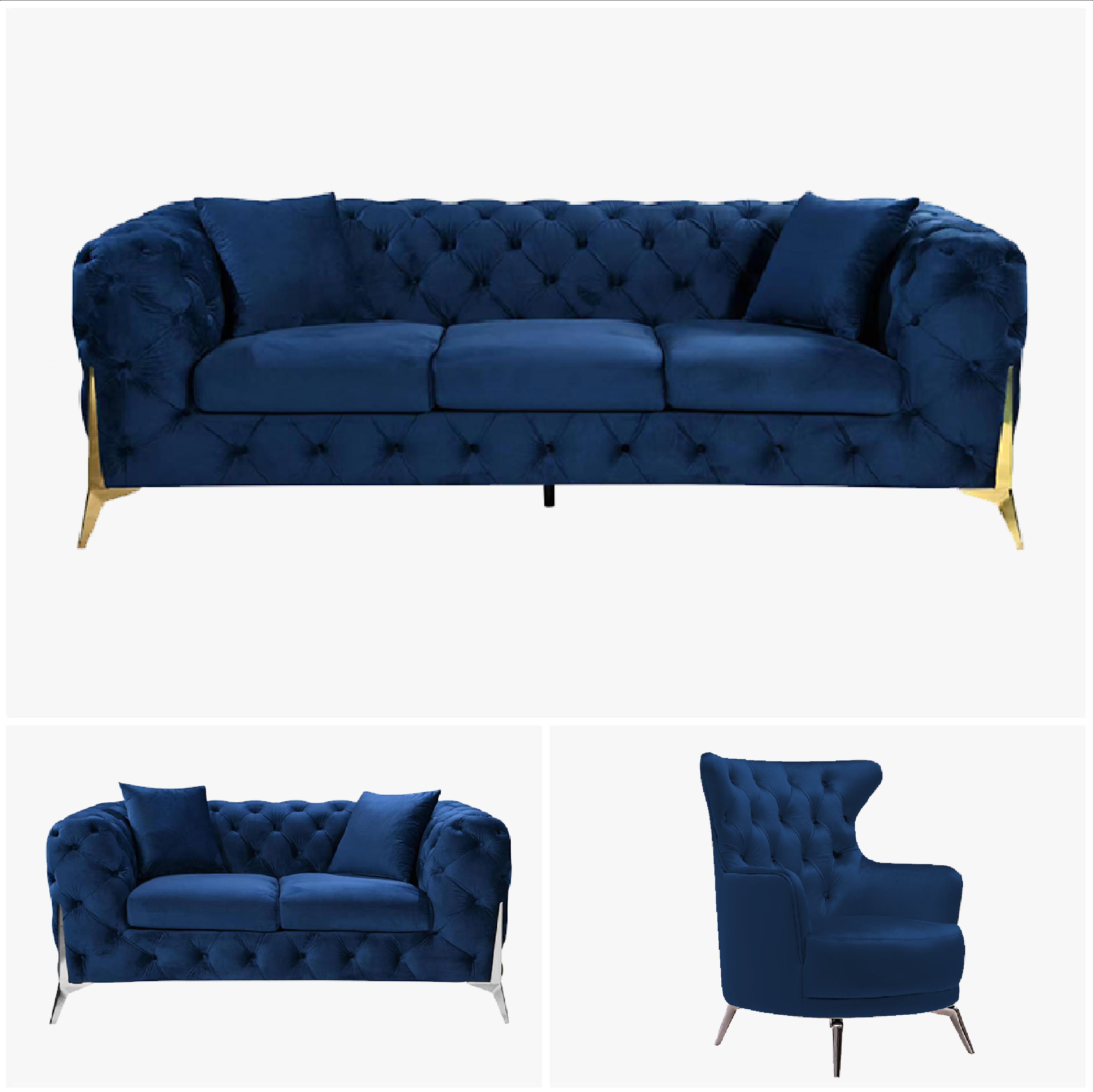 V292-L-GR-NB-3-2-1-S-95355-00 Grand Tufted Lounge - Blue Velvet - Silver Legs - Image 1