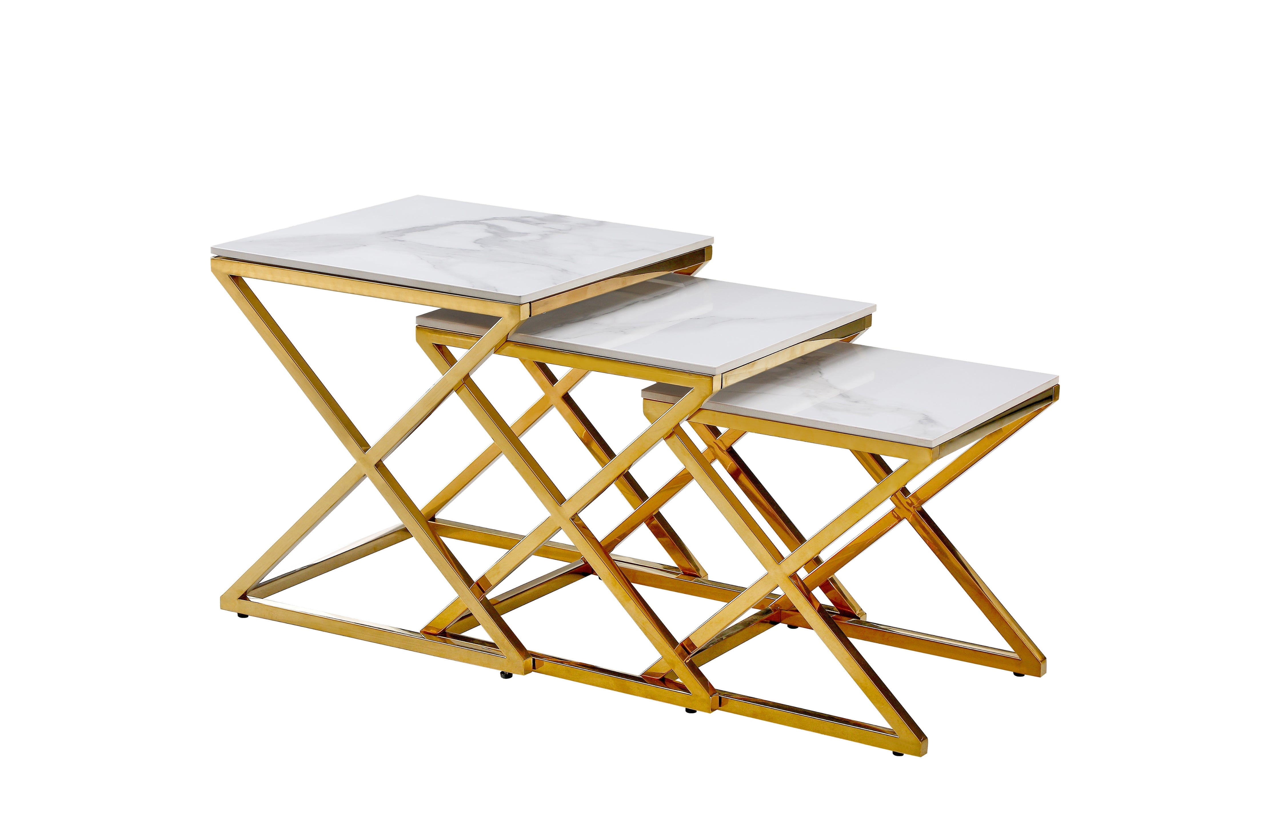 V292-ST-BELLA-SO3-GOLDBASE-WHITEMARBLE-195537-00 Bella Set of 3 Gold Side Table - White Marble - Image 1