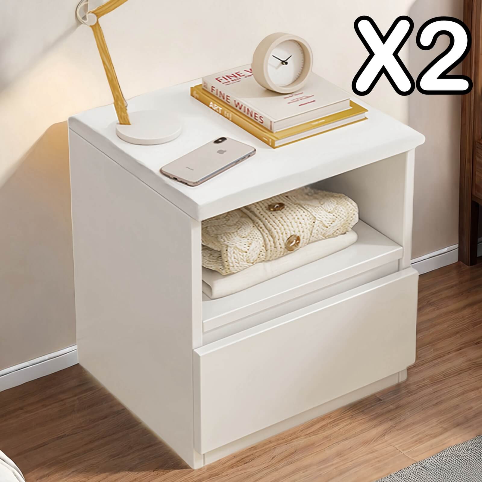 V360-ZC-FNBT0052-WT-1D-47X2-202506191352-00 2x Bedside table set with drawer and shelf, minimalist white design, 2 pieces - Image 1