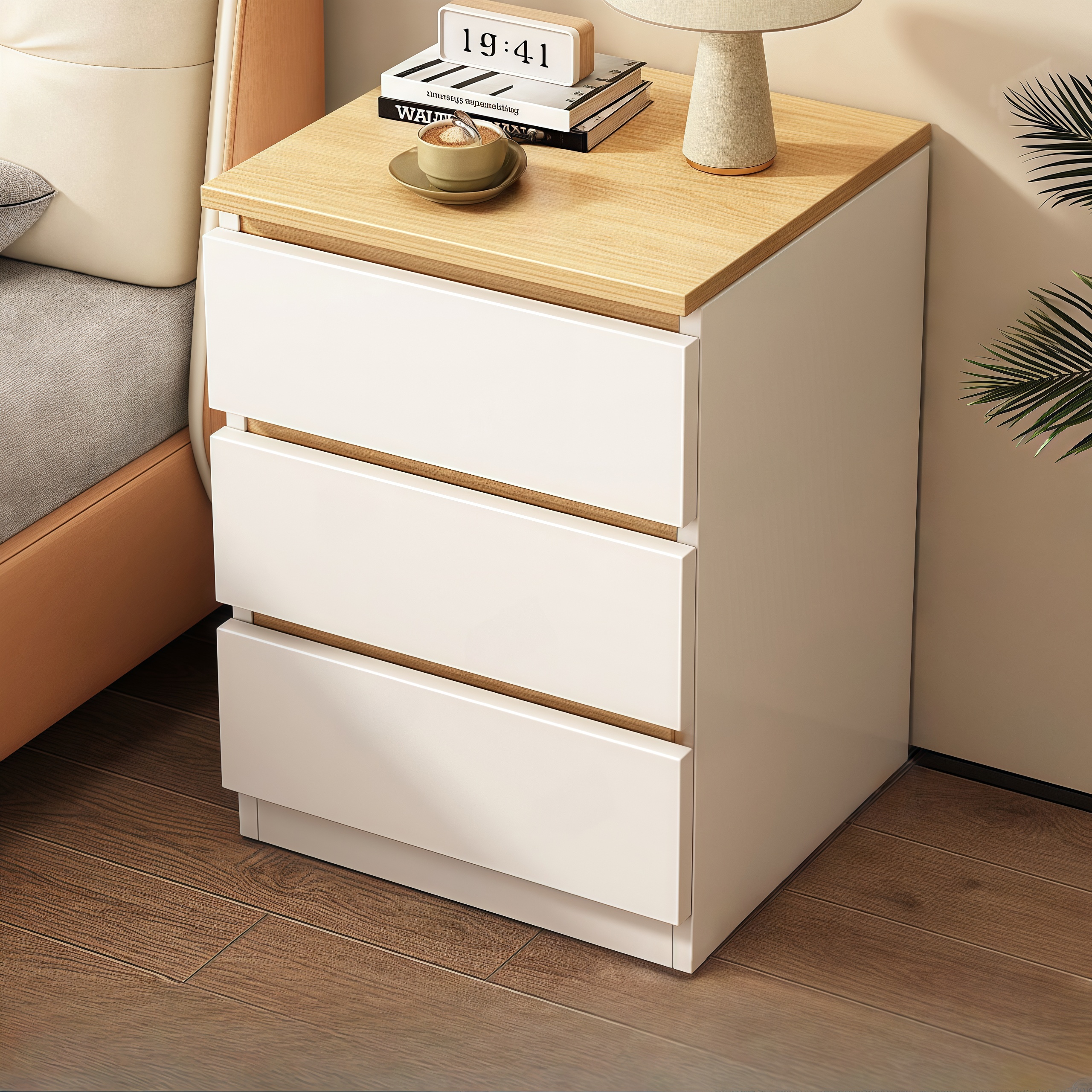 V360-ZC-FNBT0052-WTBG-3D-47-202506191411-00 Modern Nightstand Wood Effect Top White Cabinet Triple Drawer Finger Pull Design - Image 1