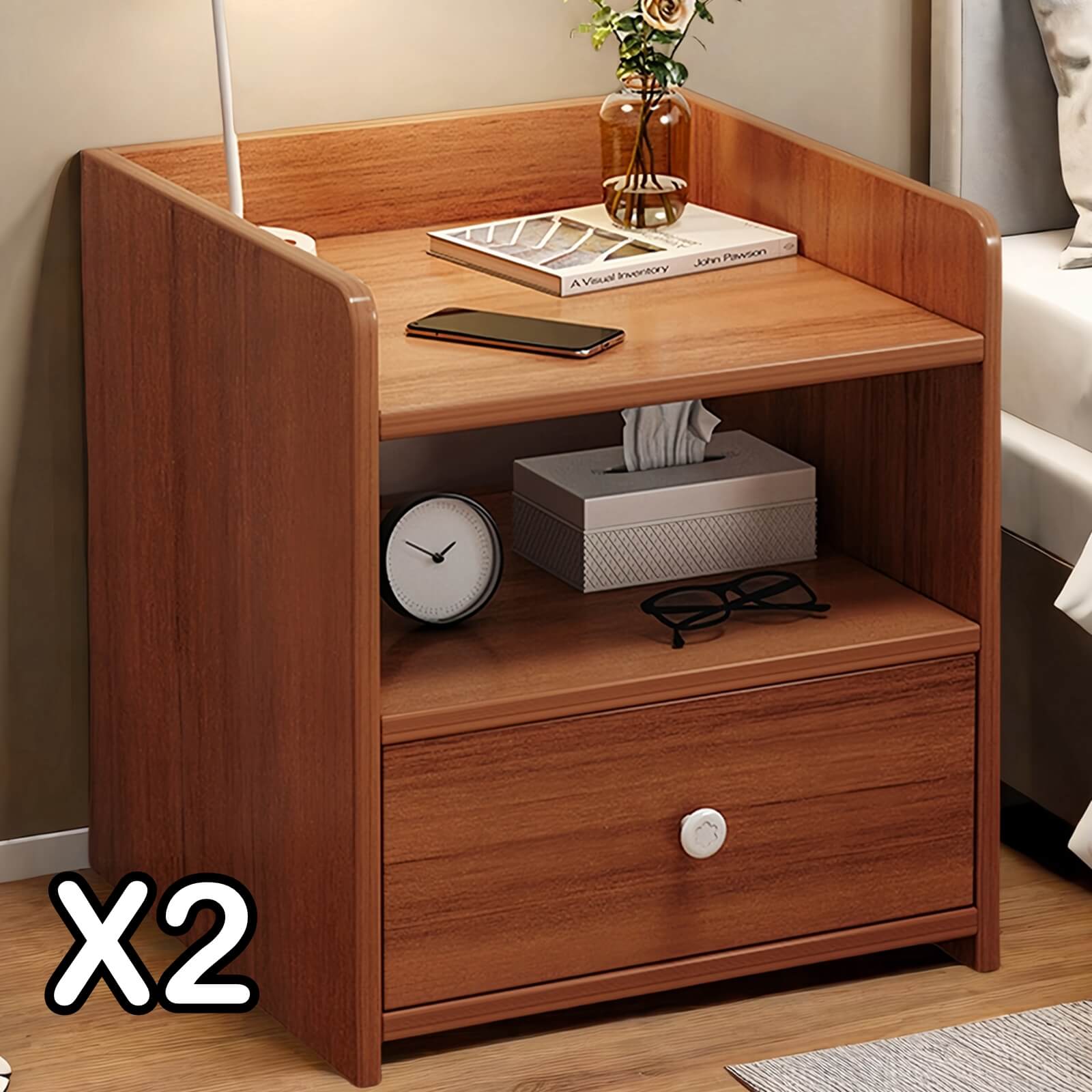 V360-ZC-FNBT0069-BN-1D-47X2-202506191402-00 2x bedside table set vintage walnut tray drawer wooden nightstand pair - Image 1