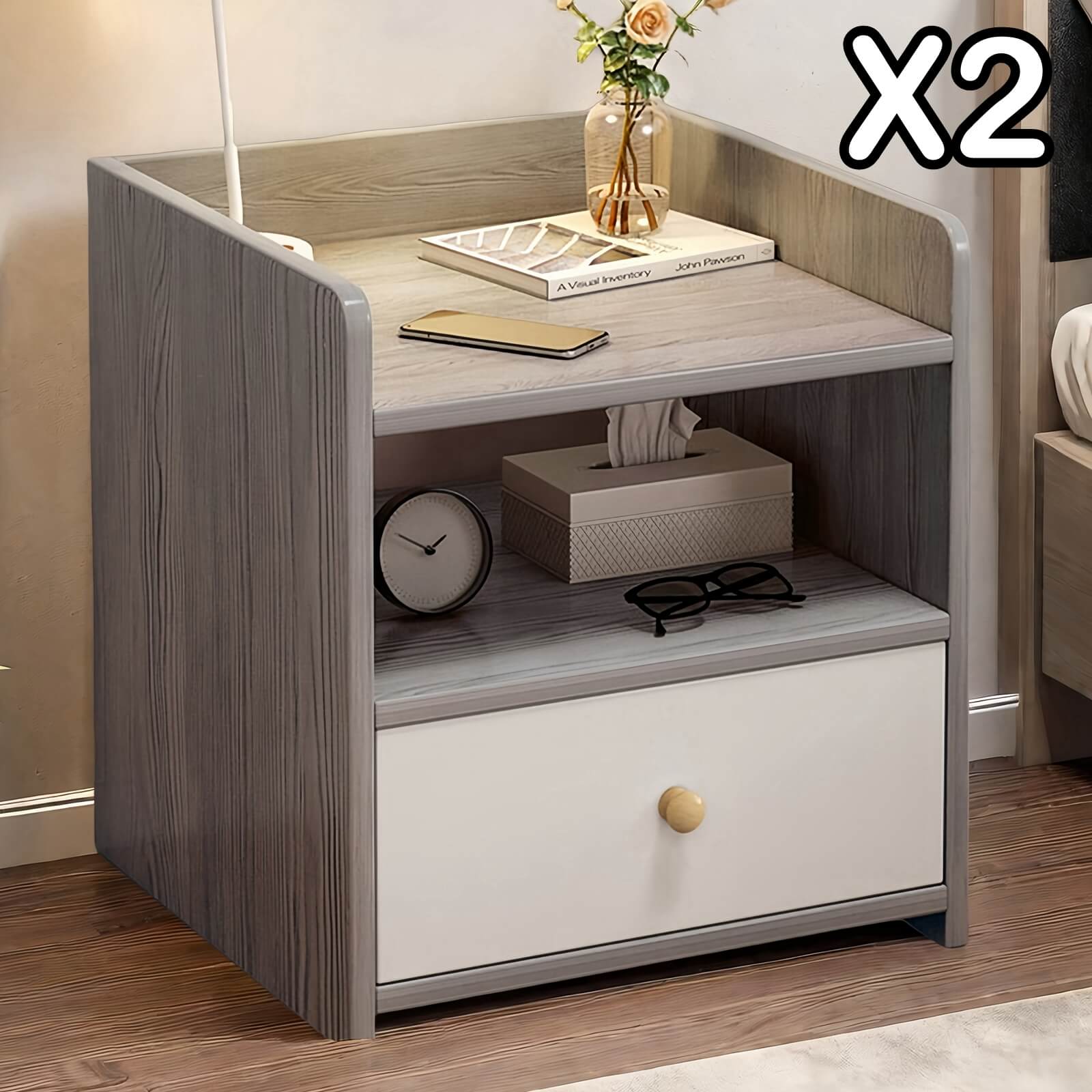 V360-ZC-FNBT0069-GYWT-1D-47X2-202506191413-00 2x bedside table with drawer and shelf modern nightstand bedroom furniture - Image 1