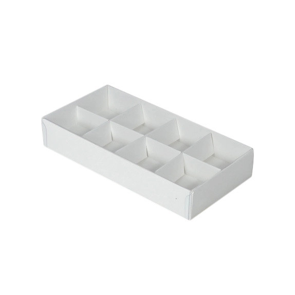 V382-10CHOC8BAY-67359-00 10 Pack of White Card Chocolate Sweet Soap Product Reatail Gift Box - 8 bay 3cm Compartments - Clear Slide On Lid - 16x8x3cm - Image 1