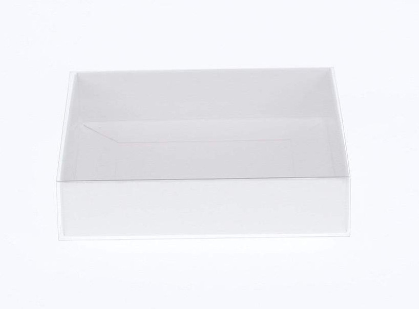 V382-10WHITEHAMP20X20X8-67365-00 10 Pack of White Card Square Box - Clear Slide On Lid - 20 x 20 x 8cm - Large Beauty Product Gift Giving Hamper Tray Merch Fashion Cake Sweets Xmas - Image 1