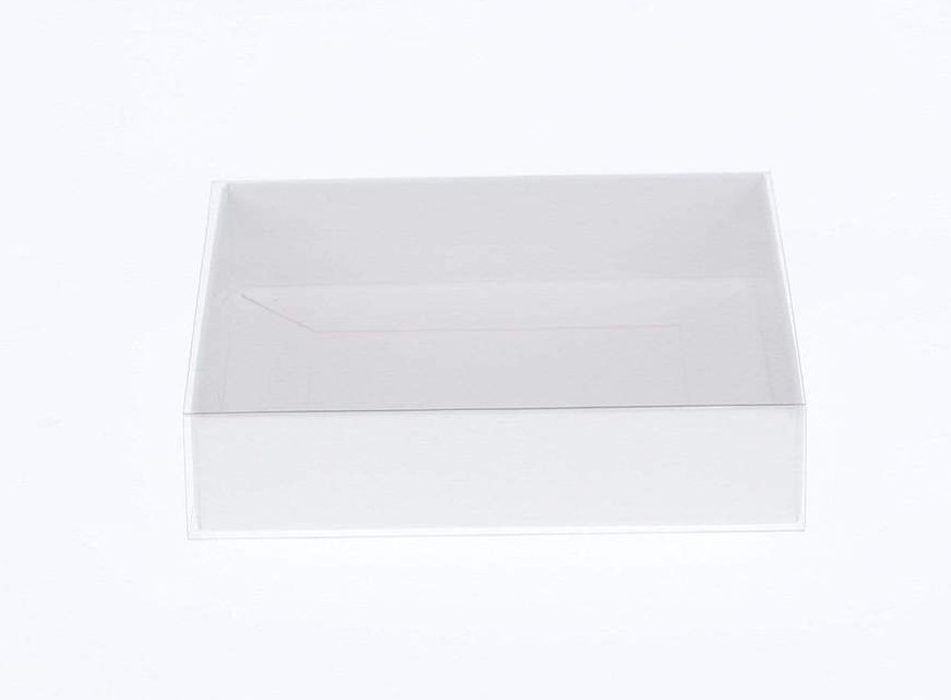V382-50INVBOXWH8X8X2-144303-00 50 Pack of 8cm Square Wedding Invitation Coaster Favor Function product Presentation Cookie Biscuit Patisserie Gift Box - 2cm deep - White Card with Clear Slide On PVC Lid - Image 1