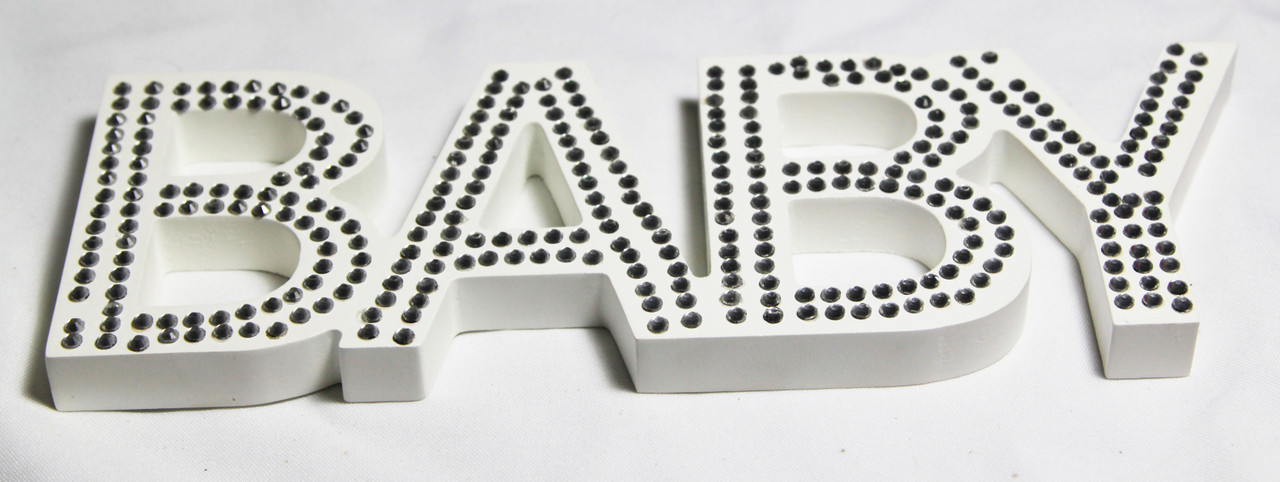 V382-BABYPLAQUEWH-202504030815-00 White Baby Nursery 30cm Sign Plaque Plate with Diamantes Newborn Gift Homeware Bedroom Decoration Wall Art - Image 1