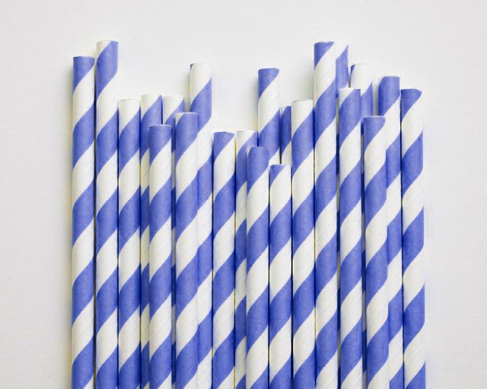 V382-BLUESTRAW50-71836-00 50 Pack Blue White Drinking Straws Biodegradable Eco Paper Birthday Party Event Bistro Bar Cafe Take Away - Image 1