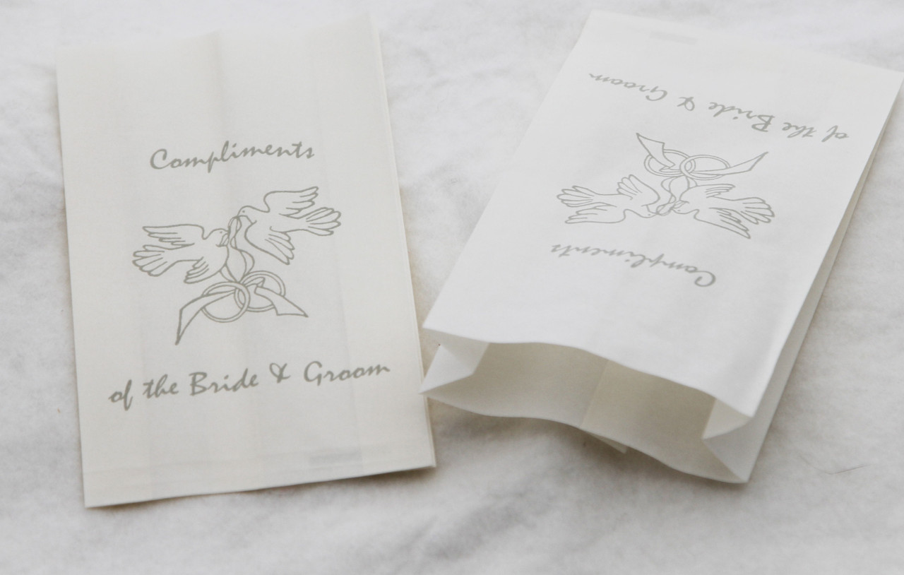 V382-CAKEBAG50DOVES-202503040845-00 50 Pack Wedding Cake Bags Greaseproof Wax Paper Slice Take Home Favour Silver Doves - Image 1