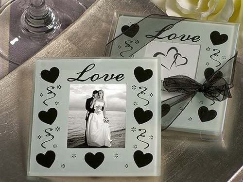 V382-HEARTSQCOASTRX10-202504030816-00 10 Pack Wedding Coasters Glass Square Photo Frame Bomboniere Favour 9x9cm - 2 Frames per Pack - Image 1