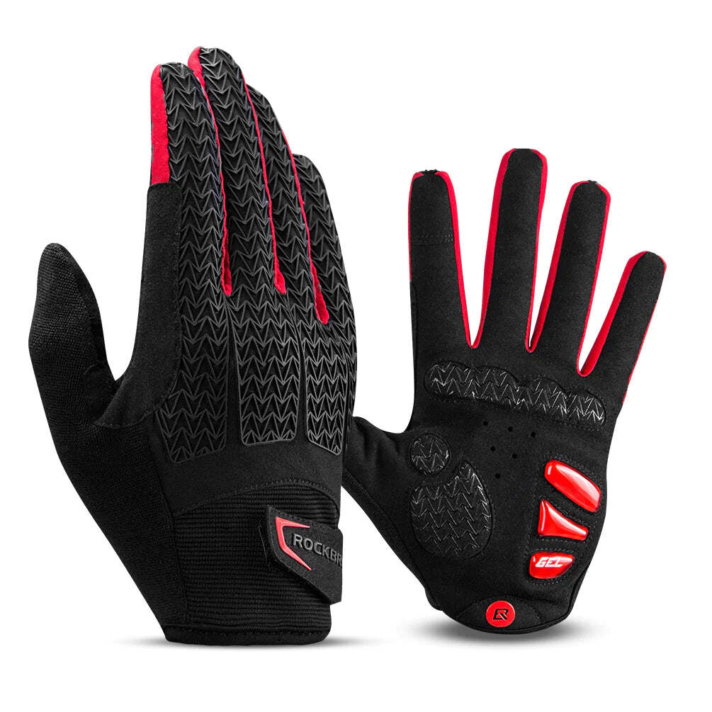 V382-UNIREDGLOVERBXL-73064-00 Full Finger MTB Gloves XL Size for Mountain Road Bike Breathable Red Rockbros Unisex Device Friendly Finger Material Anti Slip - Image 1