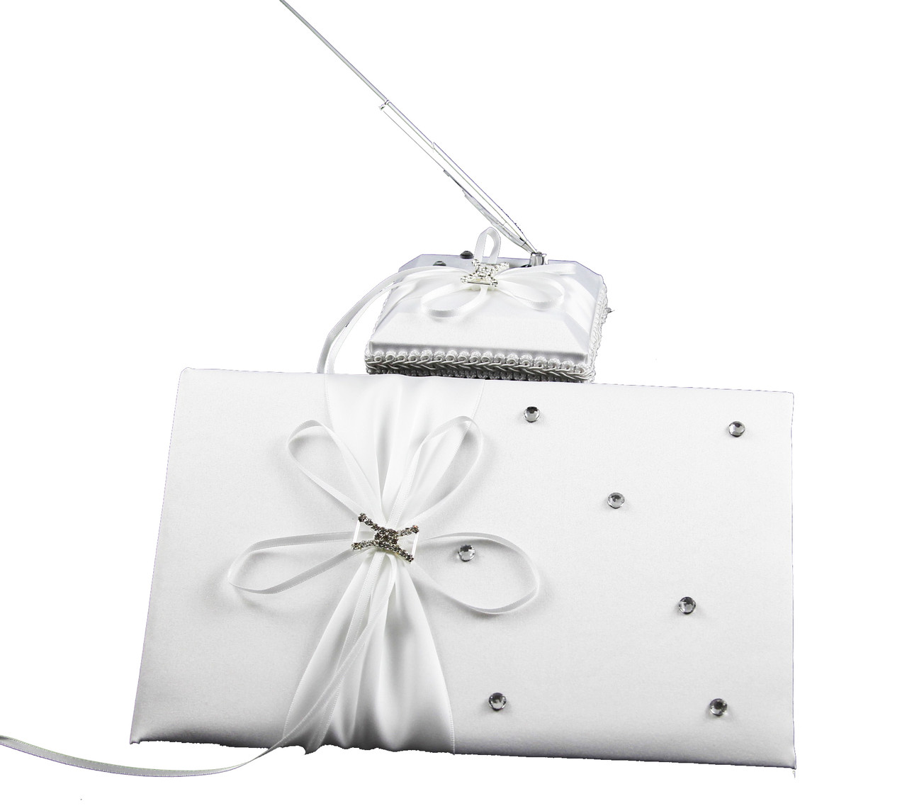 V382-WHDIASACHGBPEN-71339-00 White Wedding Guest Book Register with Silver Pen Matching Stand Set 36 Lined Pages - White Ribbon and Diamante Bow Cover - Image 1