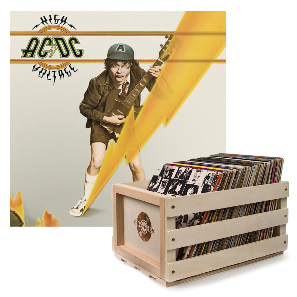 V398-SM-5107591-B-202504111915-00 Crosley Record Storage Crate AC/DC High Voltage Vinyl Album Bundle - Image 1