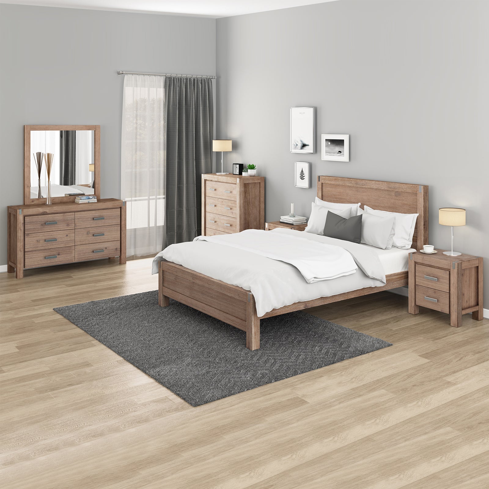 V43-BDS-NOW-5PC-TBY-DRS-KOK-202505131835-00 5 Pieces Bedroom Suite in Solid Wood Veneered Acacia Construction Timber Slat King Size Oak Colour Bed, Bedside Table , Tallboy & Dresser - Image 1