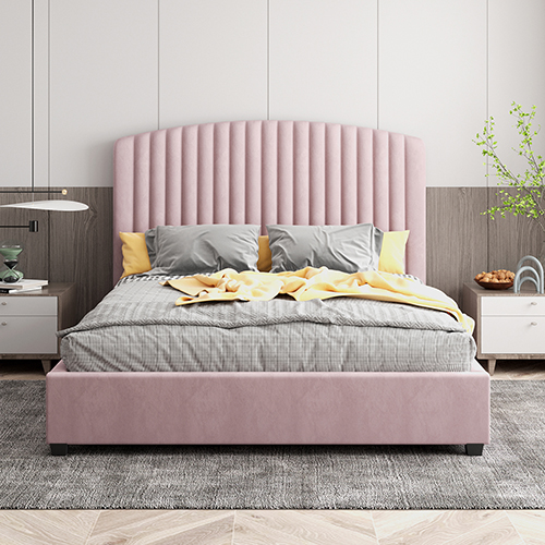 V43-BED-CAM-QPN-191587-00 Camelia Queen Size Bed Frame Pink Velvet Upholstery High Headboard Quality Slats Metal Structure - Image 1
