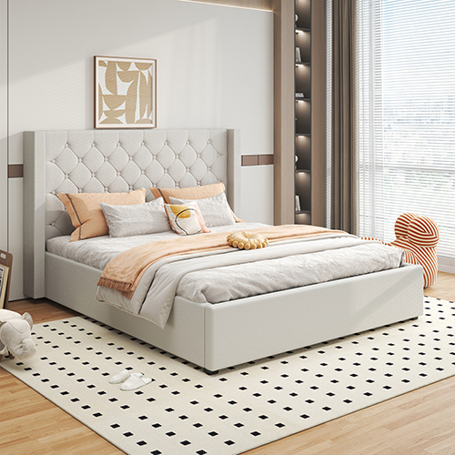 V43-BED-VER-KGR-191592-00 Veronica Bed Frame King Size Winged Grey Linen Fabric Seam Grid Pattern with gas lift plywood metal structure - Image 1