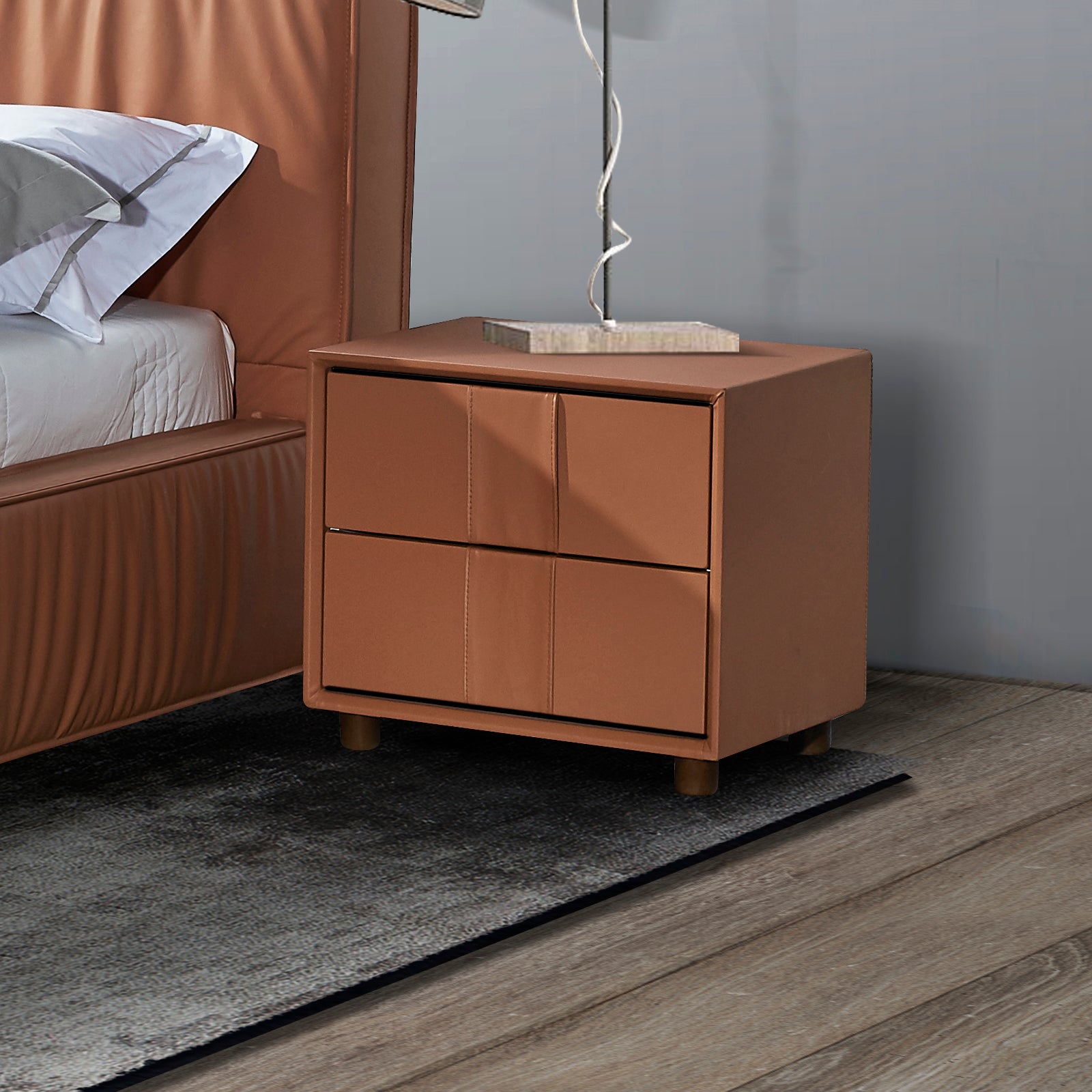V43-BST-LUIS-202505131842-00 Louis Bedside Table MDF With PU Leather Wooden Legs - Image 1