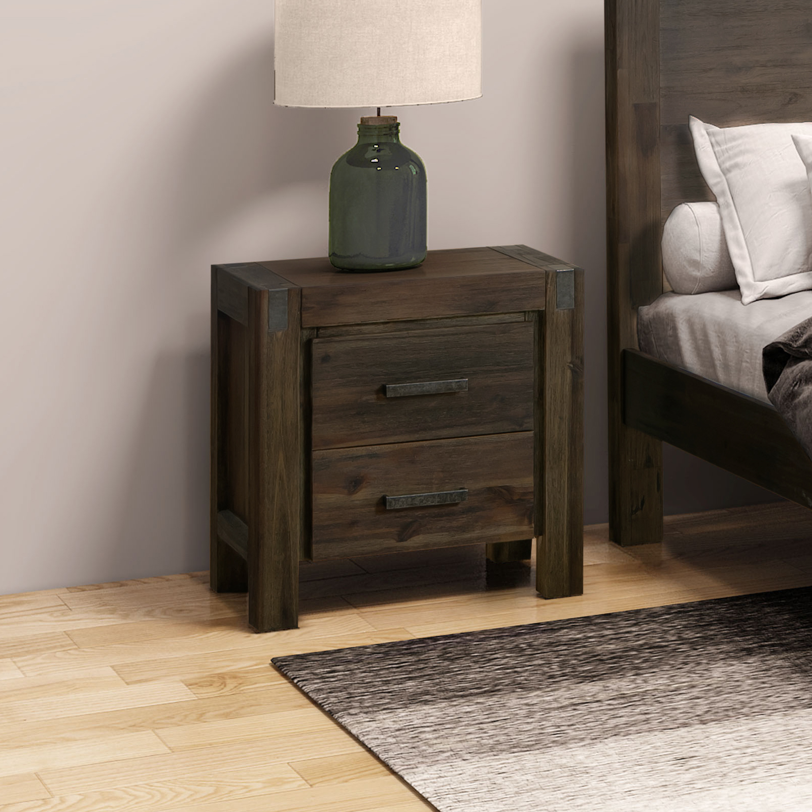 V43-BST-NOW-CHK-14864-00 Bedside Table 2 drawers Night Stand Solid Wood Acacia Storage in Chocolate Colour - Image 1