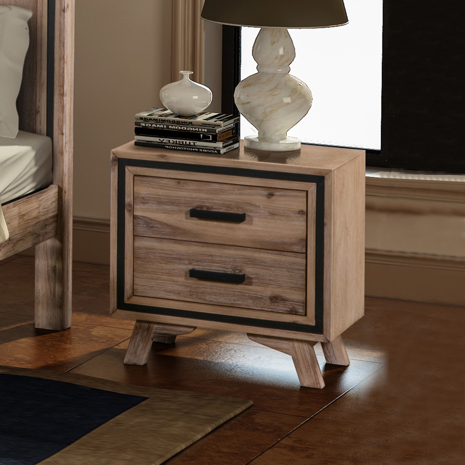V43-BST-SSH-202505131846-00 Bedside Table 2 drawer Night Stand with Solid Acacia Storage in Sliver Brush Colour - Image 1