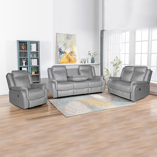 V43-SET-CARL-3-2-1-GR-144727-00 3-2-1 Seater Finest Grey Fabric Recliner Sofa Sturdy Construction Metal Mechanism - Image 1