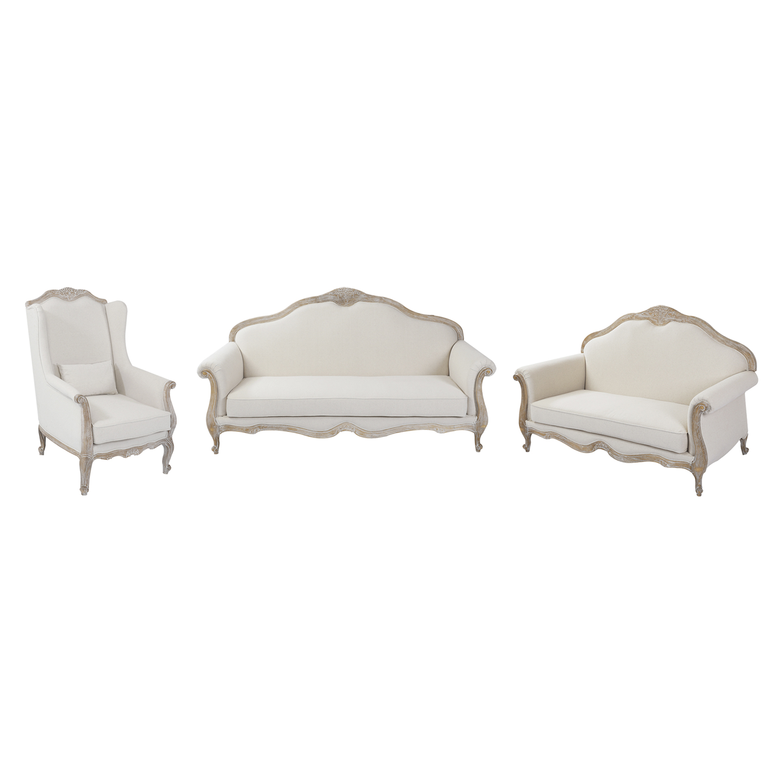 V43-SET-LILE-3-2-WC-SET-LILE-3_2B2_2BWC-01-00 3S+2S+1X Wing Chair Oak Wood White Washed Finish Rolled Armrest Linen Sofa Fabric - Image 1
