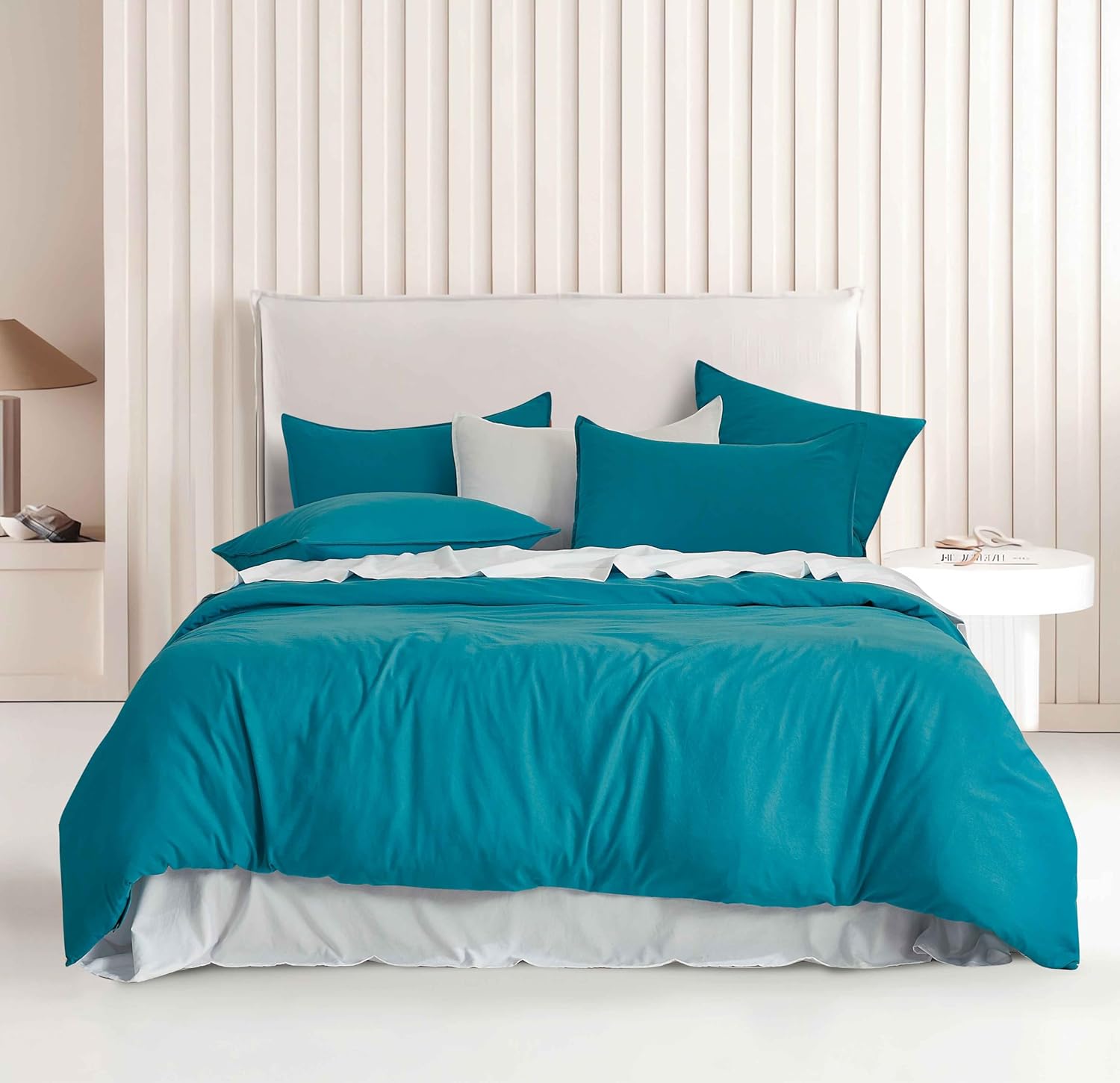 V439-AQSTEALWM-218394-00 Vintage Washed Microfibre Quilt Cover Set (Teal, Single) - Image 1