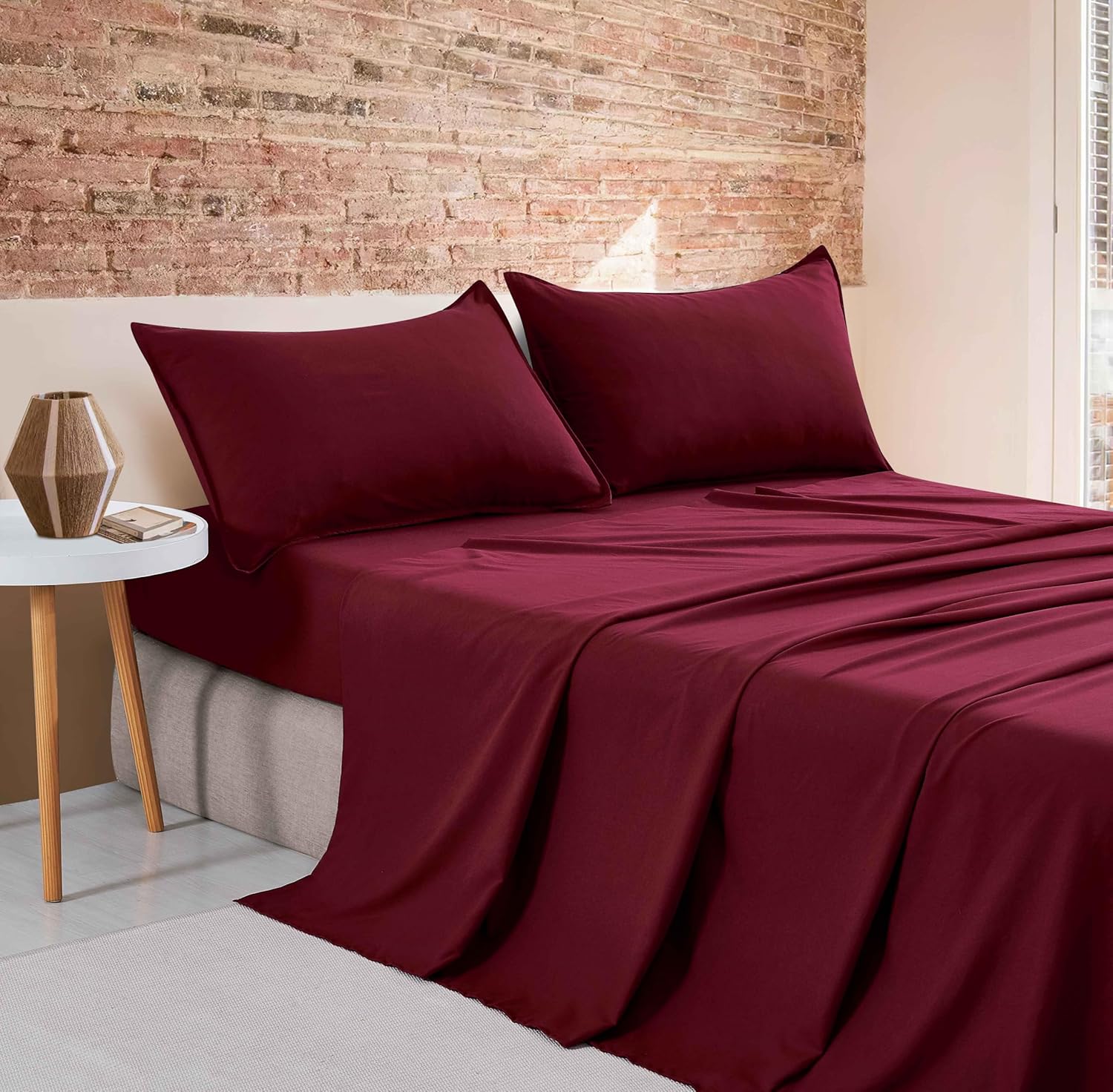 V439-ASSTBURGUNDYWM-218361-00 Vintage Washed Microfibre Sheet Set (Burgundy, Single) - Image 1