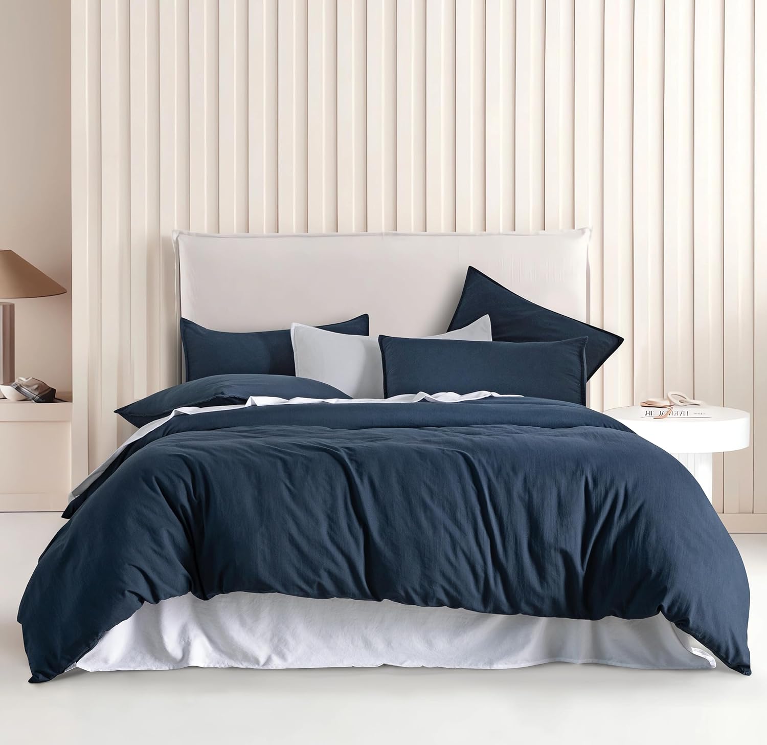 V439-BQSNAVYWM-191154-00 Vintage Washed Microfibre Quilt Cover Set (3Pcs) - Navy - Double Size - Image 1