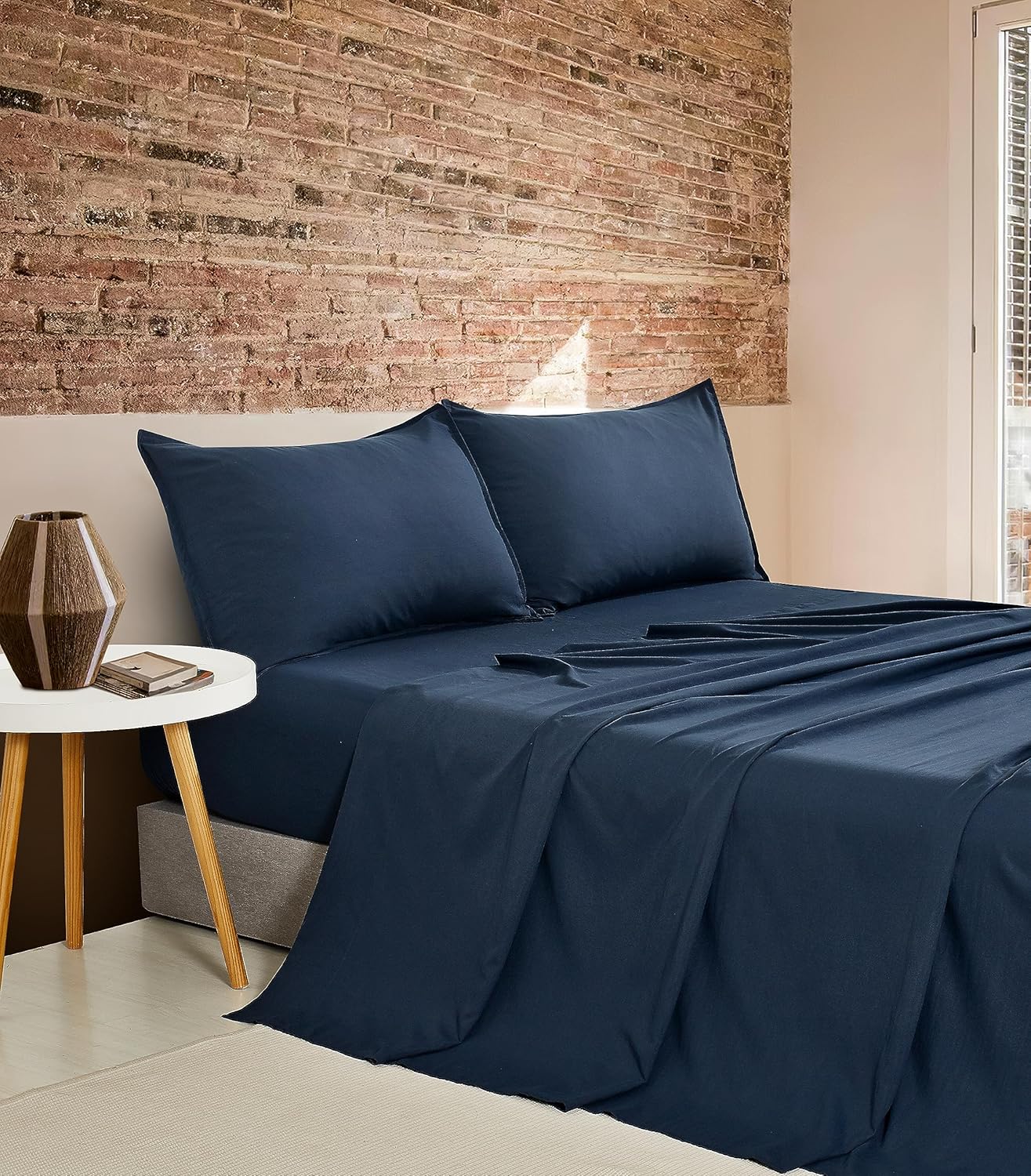 V439-BSSTNAVYWM-191258-00 Vintage Washed Microfibre Sheet Set with 2 Pillowcases - Navy - Double - Image 1