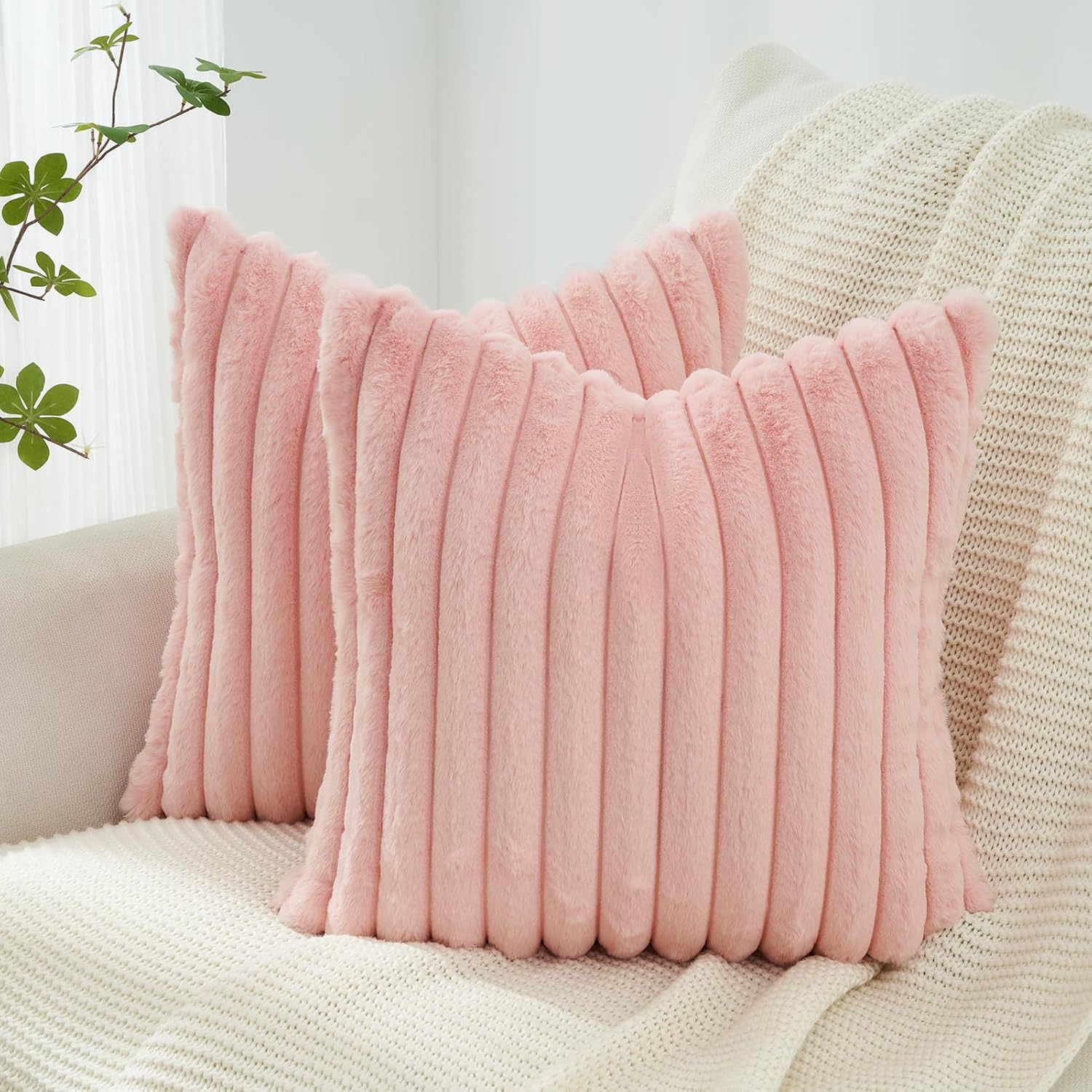V439-FAUXPINK2-45-202506190417-00 Faux Fur Cushion Covers - Chunky Embossed Flannel with Hidden Zipper - Pink, 45cm x 45cm (Pack of 2) - Image 1