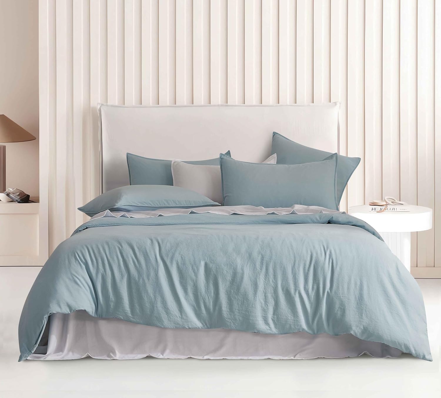 V439-SKQSBLUEWM-218372-00 Vintage Washed Microfibre Quilt Cover Set (Blue, Super King) - Image 1